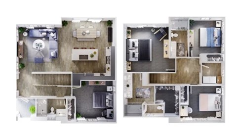 A floor plan of a two-bedroom apartment with a kitchen and living room.